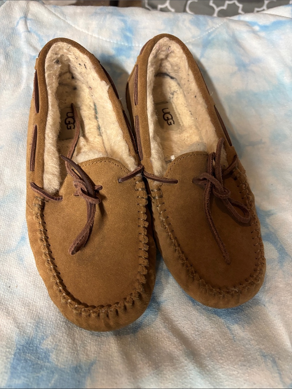 UGG Chestnut Brown Suede Shearling Moccasin Slippers